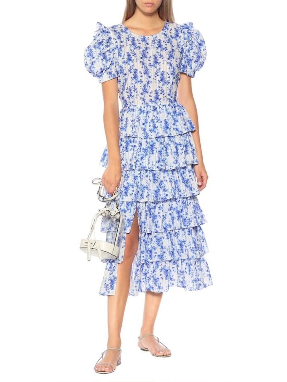 Caroline Constas Rose Floral Tiered Ruffle Cotton Midi Dress Size M